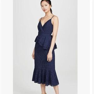 Yumi Kim Anthropologie Navy Blue Eyelet Lace Midi Dress Large L Peplum Tie Back